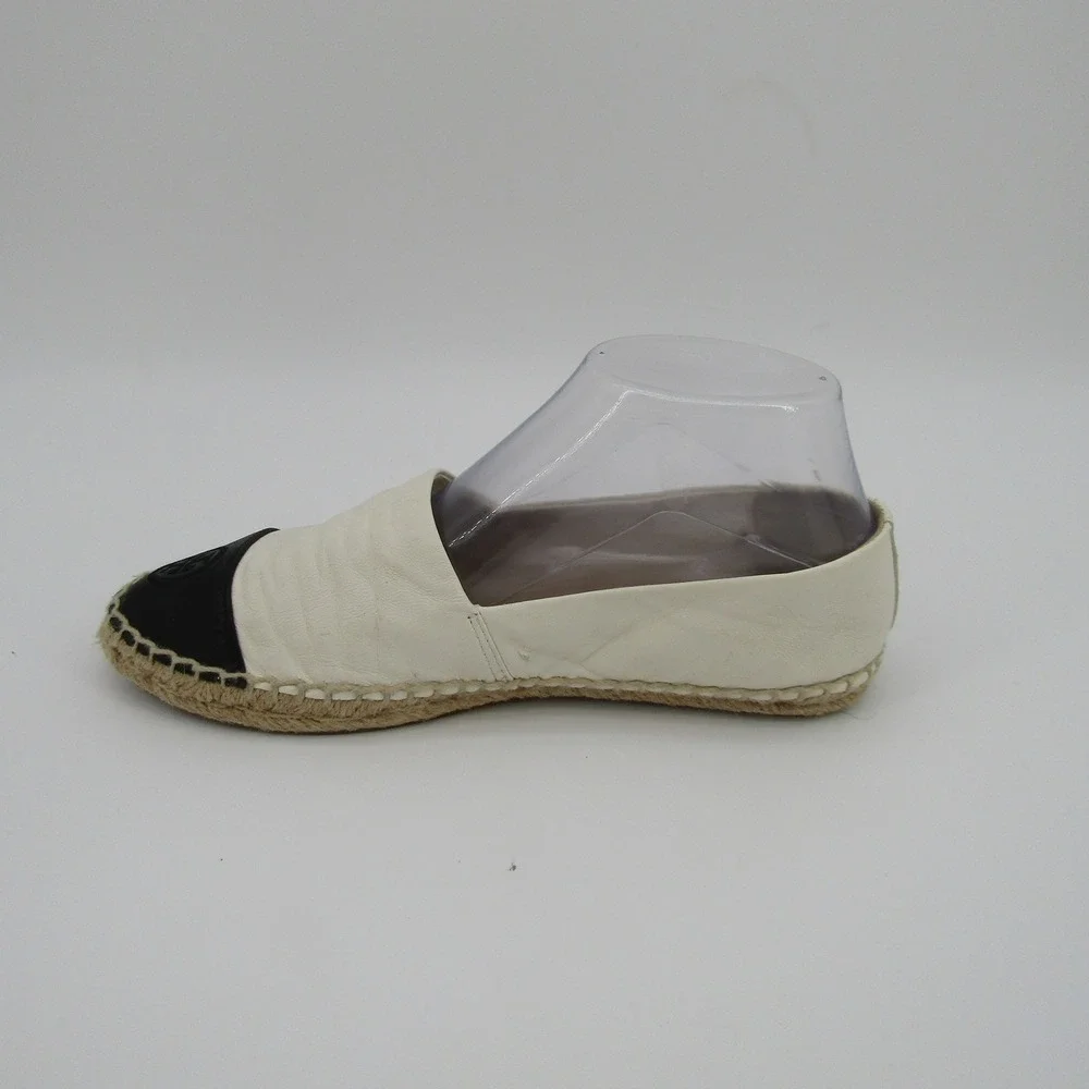 Tory Burch Womens Leather Cap Toe Espadrille Flats Cream Black Logo 8M 51158649